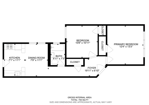A floor plan of a house with a kitchen, dining room, two bathrooms, and two bedrooms.